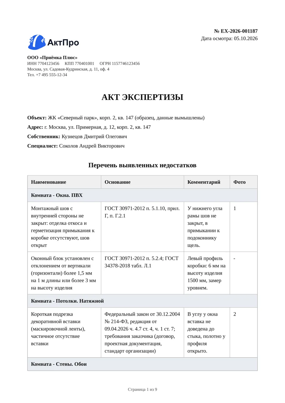 Акт экспертизы, страница 1: шапка и таблица недостатков с основаниями